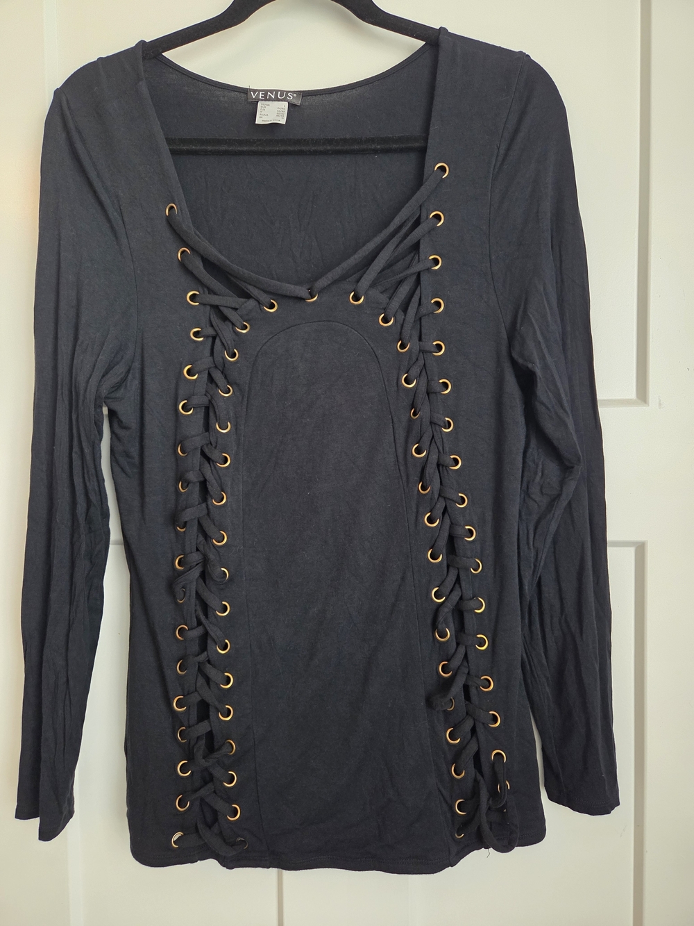 0063.  VENUS Black Long-Sleeve Lace-Up Front Top with Gold Grommets